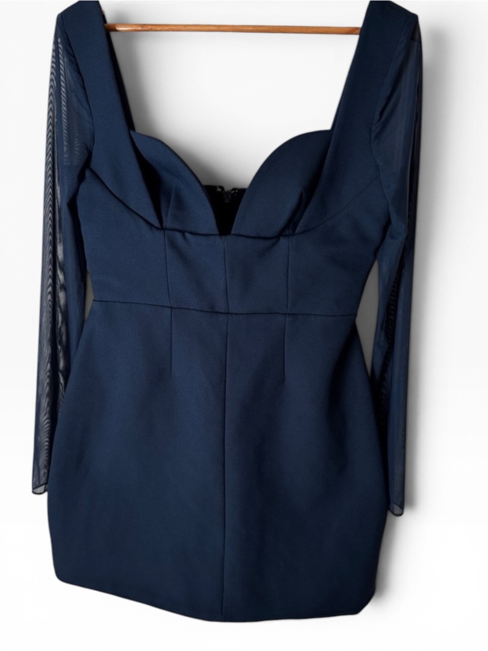 House of CB Mini Dress Women L Navy Corset Bust Bodycon Sheer Long Sleeve